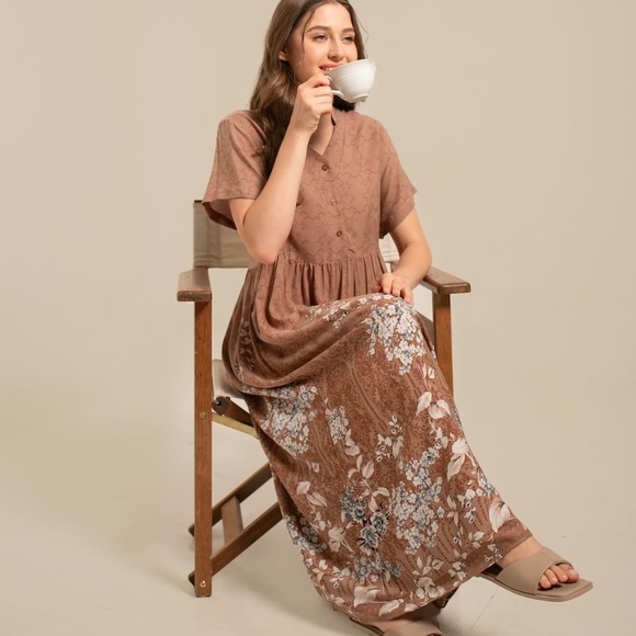 Bronze Color Button Front Dress, Mandarin Collar Dress - Picture 2 of 8